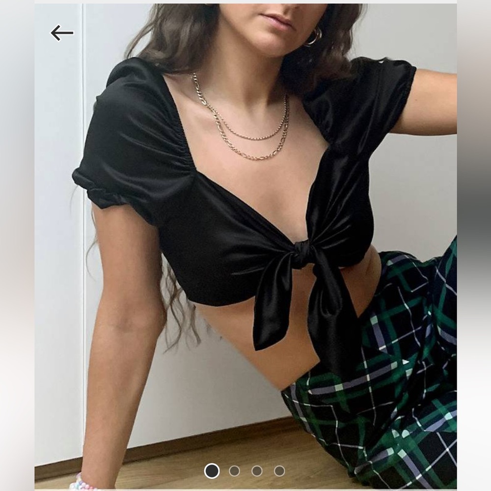 Collusion Black Satin Tie Front Crop Top